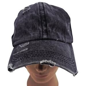 Grunge Black Distressed Distroyed Ripped Canvas Hat Cap High Pony OS Adjustable
